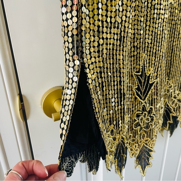 Gunit Vintage Gold Silver Sequin Beaded Embellished Flapper Shift Dress | Large - Picture 5 of 15
